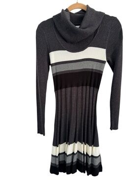 Calvin Klein Charcoal Gray & White Striped Cowl Neck Sweater Dress